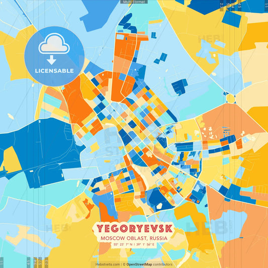 Yegoryevsk, Moscow Oblast, Russia blue and orange vector art map template