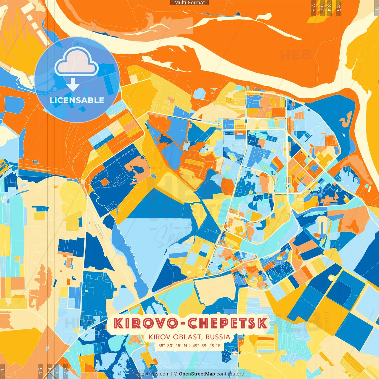 Kirovo-Chepetsk, Kirov Oblast, Russia blue and orange vector art map template