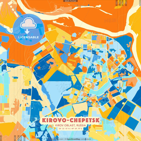 Kirovo-Chepetsk, Kirov Oblast, Russia blue and orange vector art map template