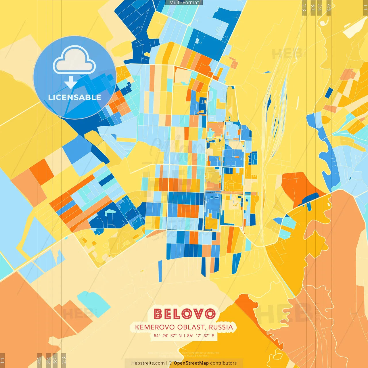 Belovo, Kemerovo Oblast, Russia blue and orange vector art map template