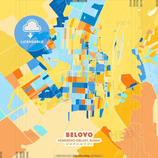 Belovo, Kemerovo Oblast, Russia blue and orange vector art map template