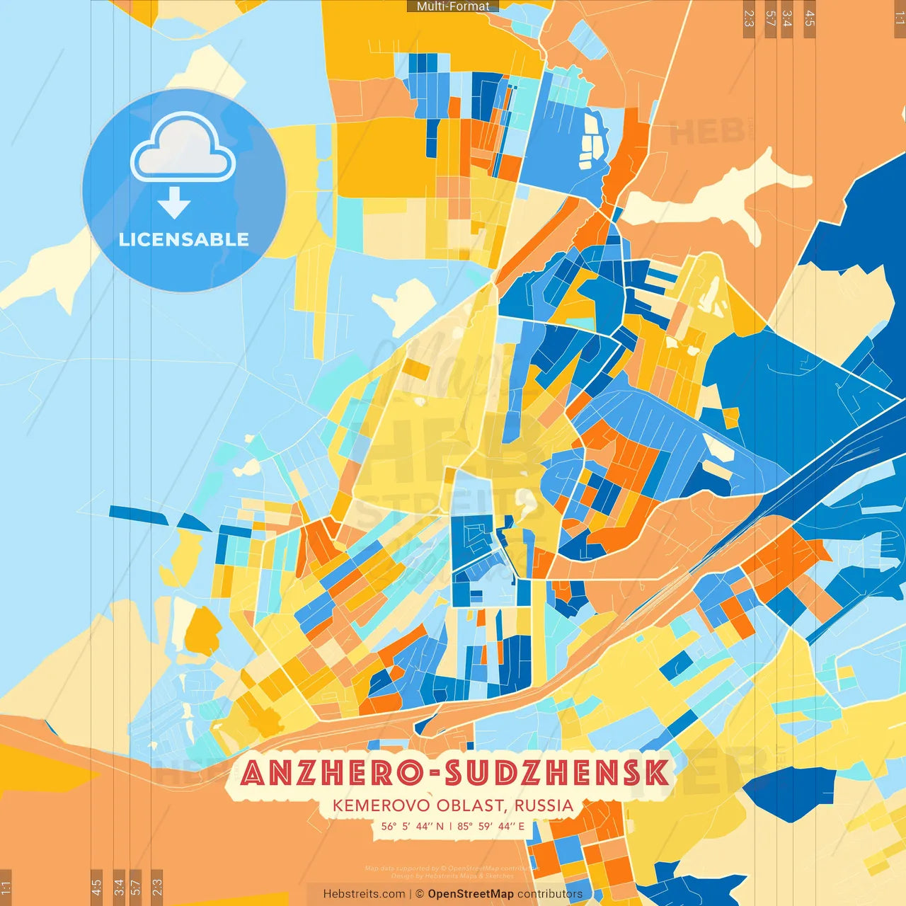 Anzhero-Sudzhensk, Kemerovo Oblast, Russia blue and orange vector art map template