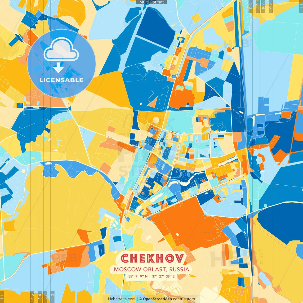 Chekhov, Moscow Oblast, Russia blue and orange vector art map template