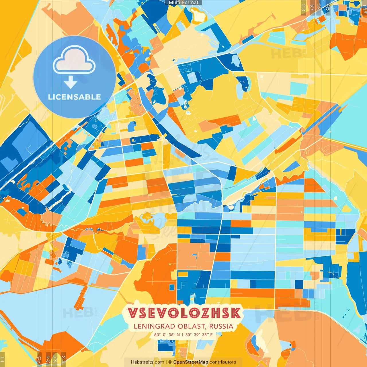 Vsevolozhsk, Leningrad Oblast, Russia blue and orange vector art map template