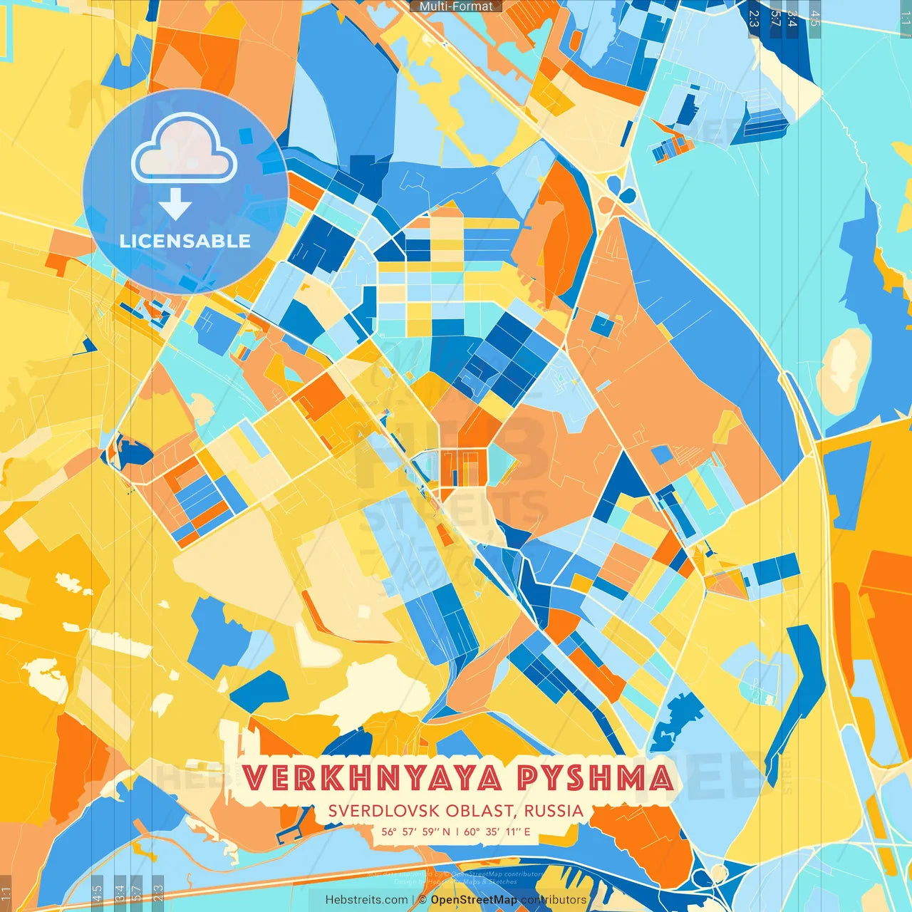 Verkhnyaya Pyshma, Sverdlovsk Oblast, Russia blue and orange vector art map template