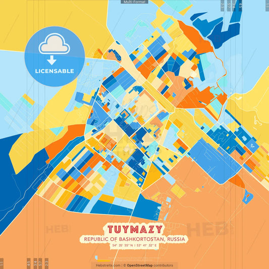Tuymazy, Republic of Bashkortostan, Russia blue and orange vector art map template