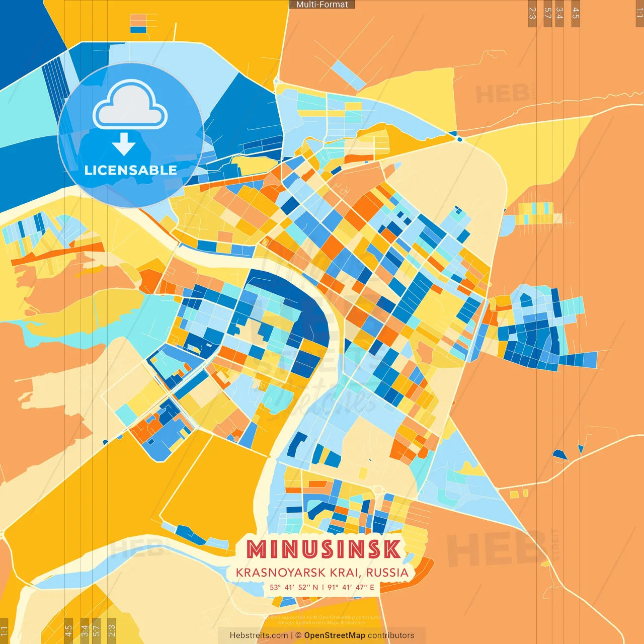 Minusinsk, Krasnoyarsk Krai, Russia blue and orange vector art map template