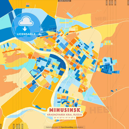 Minusinsk, Krasnoyarsk Krai, Russia blue and orange vector art map template