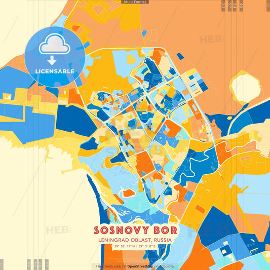 Sosnovy Bor, Leningrad Oblast, Russia blue and orange vector art map template