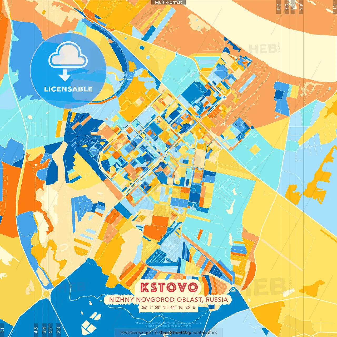 Kstovo, Nizhny Novgorod Oblast, Russia blue and orange vector art map template