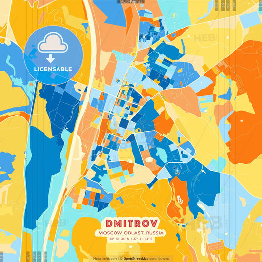 Dmitrov, Moscow Oblast, Russia blue and orange vector art map template
