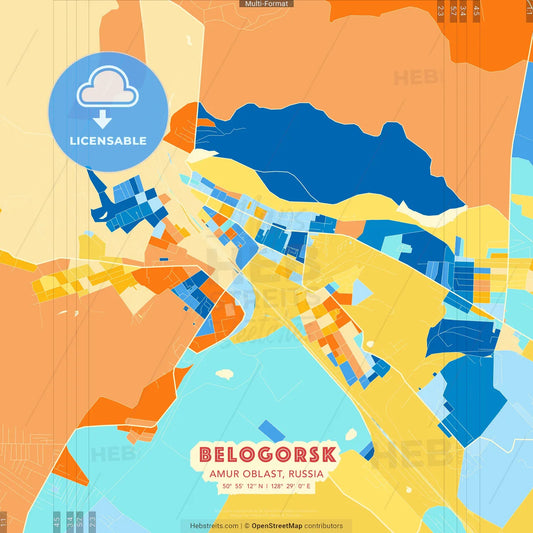 Belogorsk, Amur Oblast, Russia blue and orange vector art map template