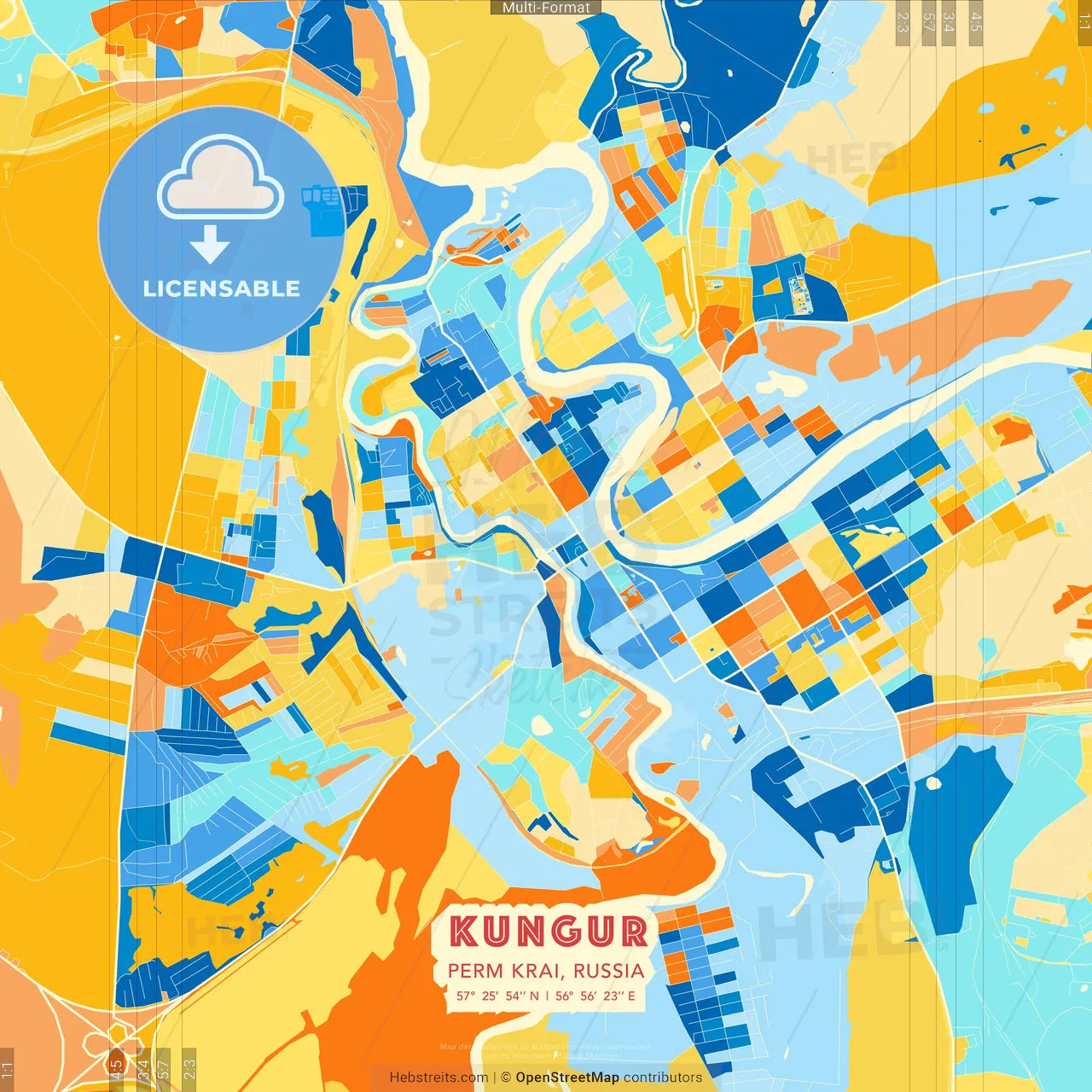 Kungur, Perm Krai, Russia blue and orange vector art map template