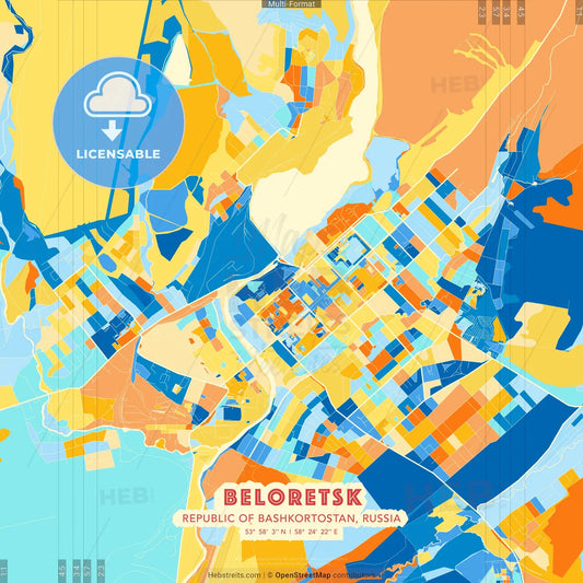 Beloretsk, Republic of Bashkortostan, Russia blue and orange vector art map template