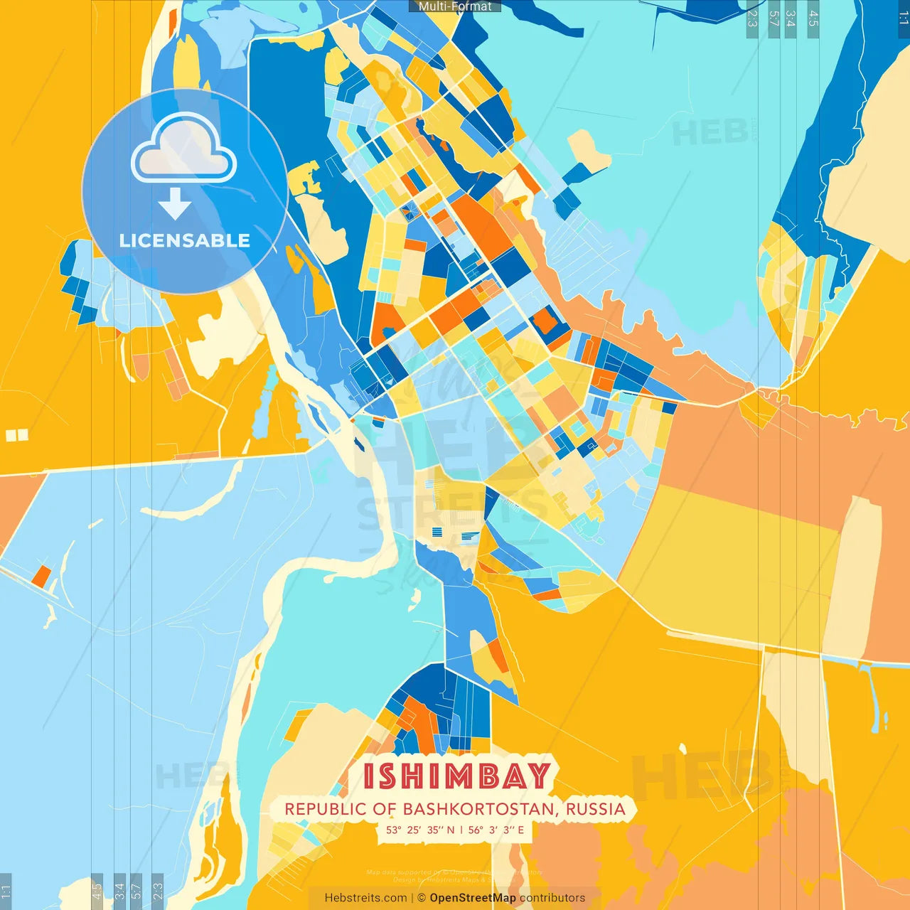 Ishimbay, Republic of Bashkortostan, Russia blue and orange vector art map template