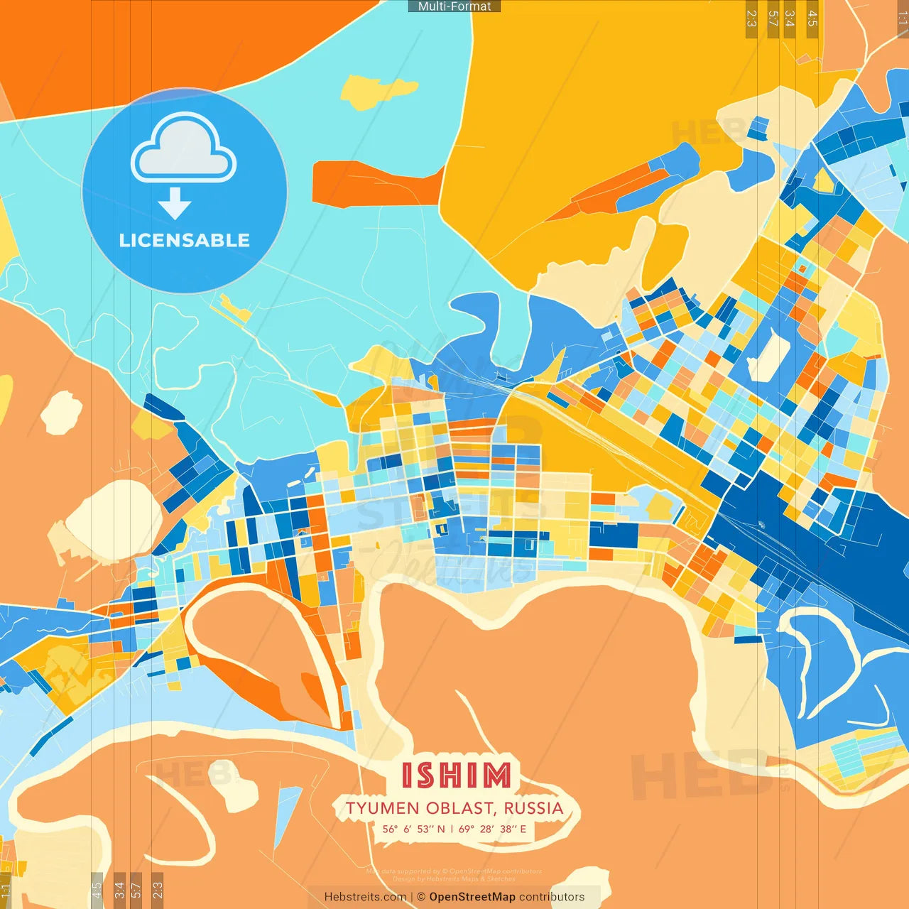 Ishim, Tyumen Oblast, Russia blue and orange vector art map template