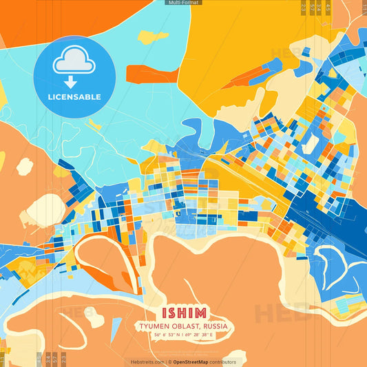 Ishim, Tyumen Oblast, Russia blue and orange vector art map template