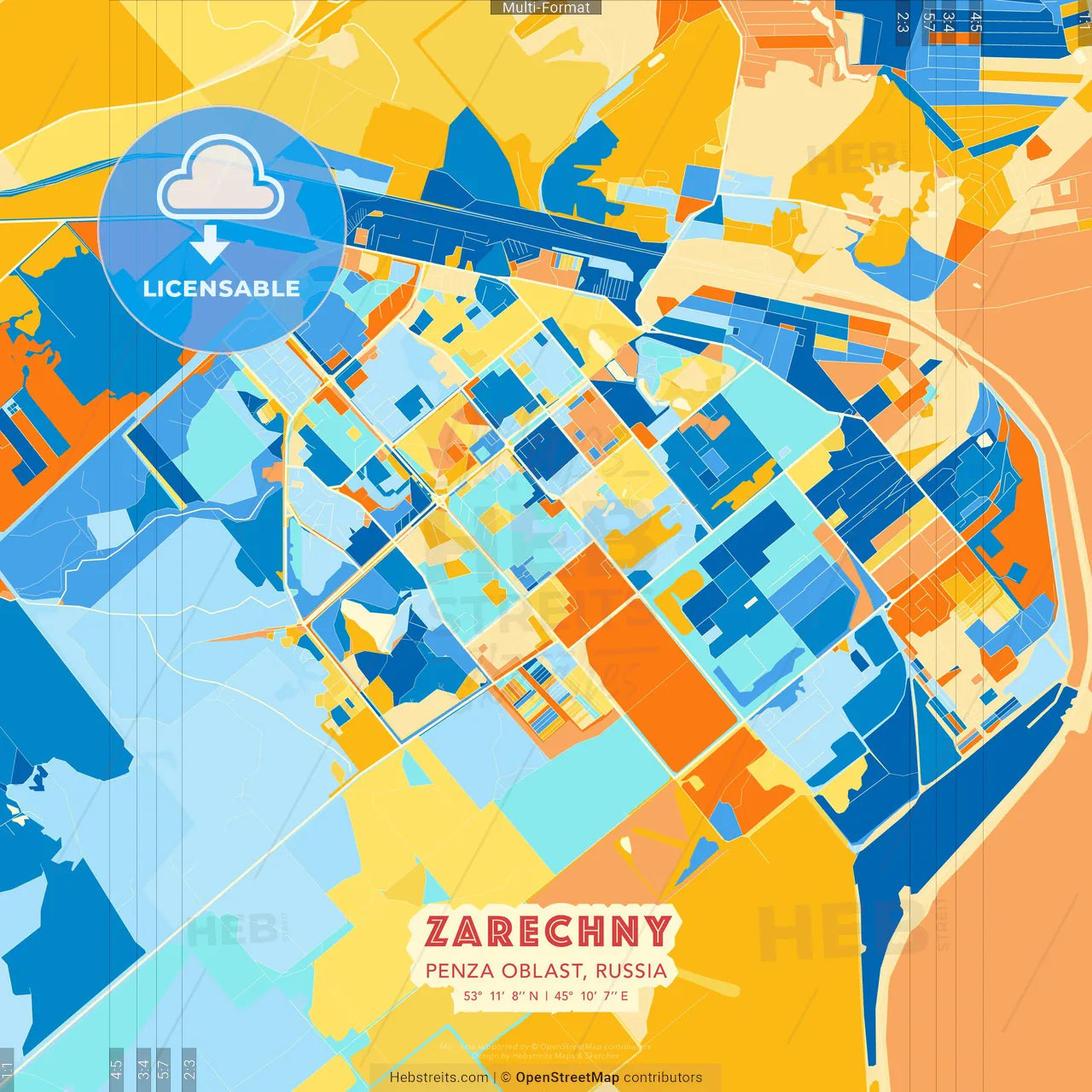 Zarechny, Penza Oblast, Russia blue and orange vector art map template