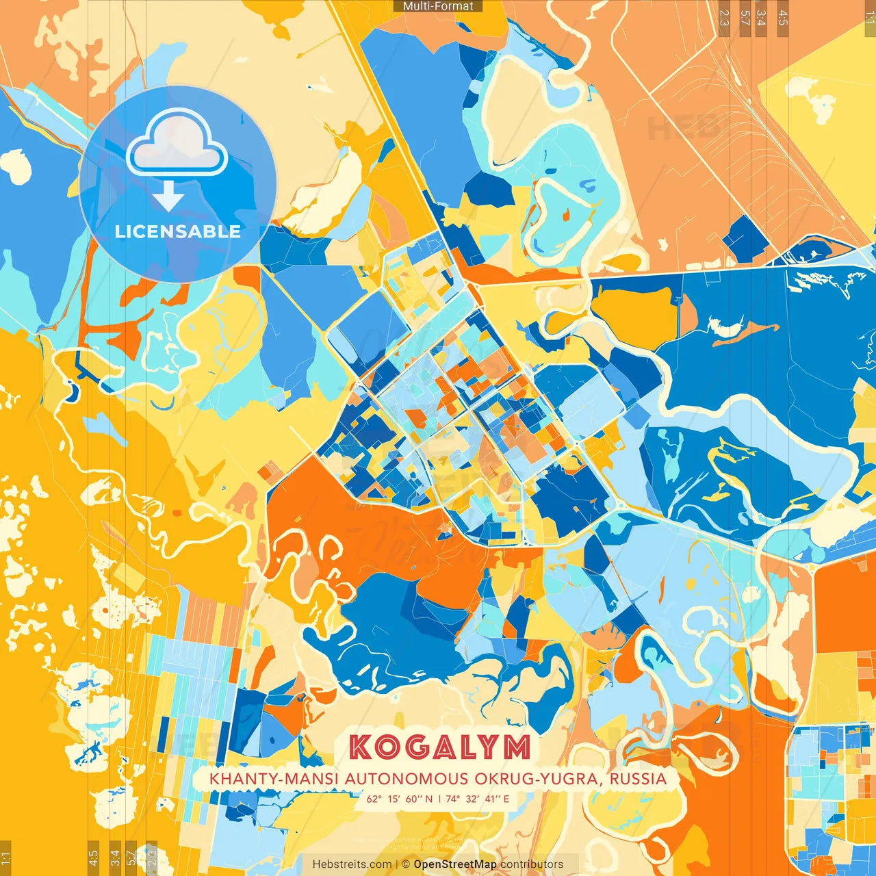 Kogalym, Khanty-Mansi Autonomous Okrug-Yugra, Russia blue and orange vector art map template
