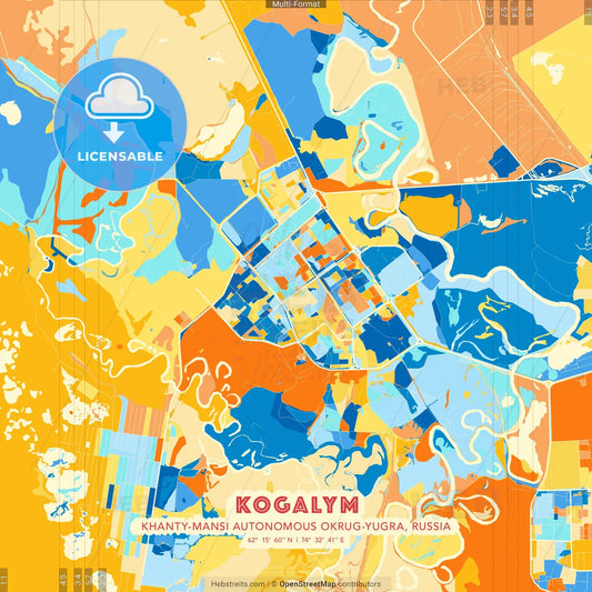Kogalym, Khanty-Mansi Autonomous Okrug-Yugra, Russia blue and orange vector art map template