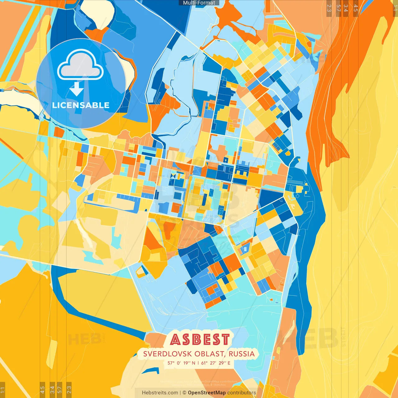 Asbest, Sverdlovsk Oblast, Russia blue and orange vector art map template
