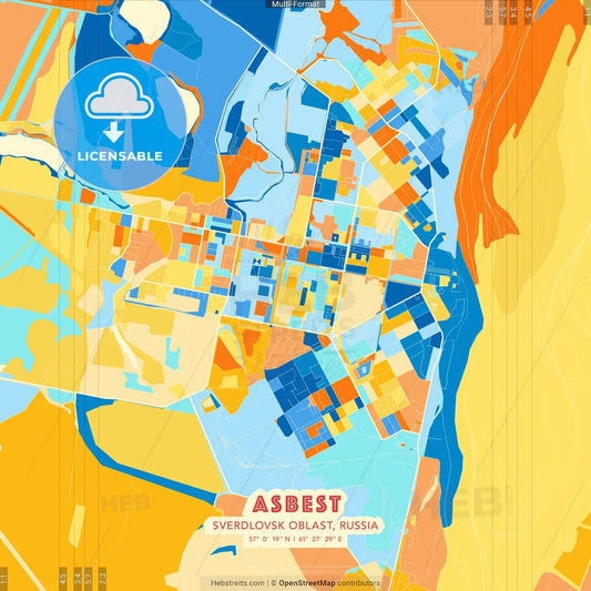 Asbest, Sverdlovsk Oblast, Russia blue and orange vector art map template
