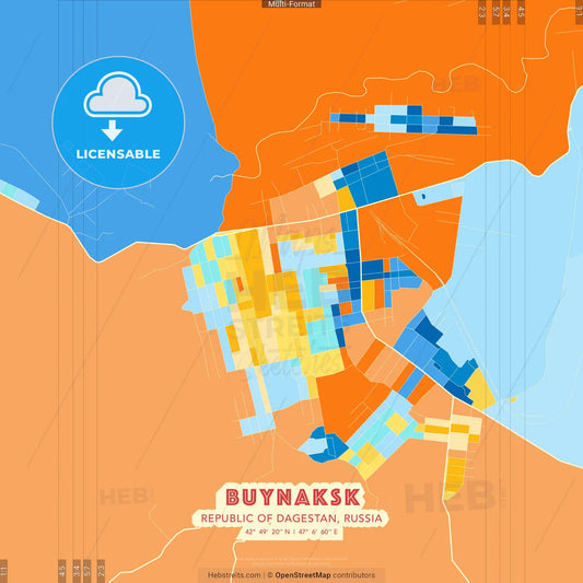 Buynaksk, Republic of Dagestan, Russia blue and orange vector art map template