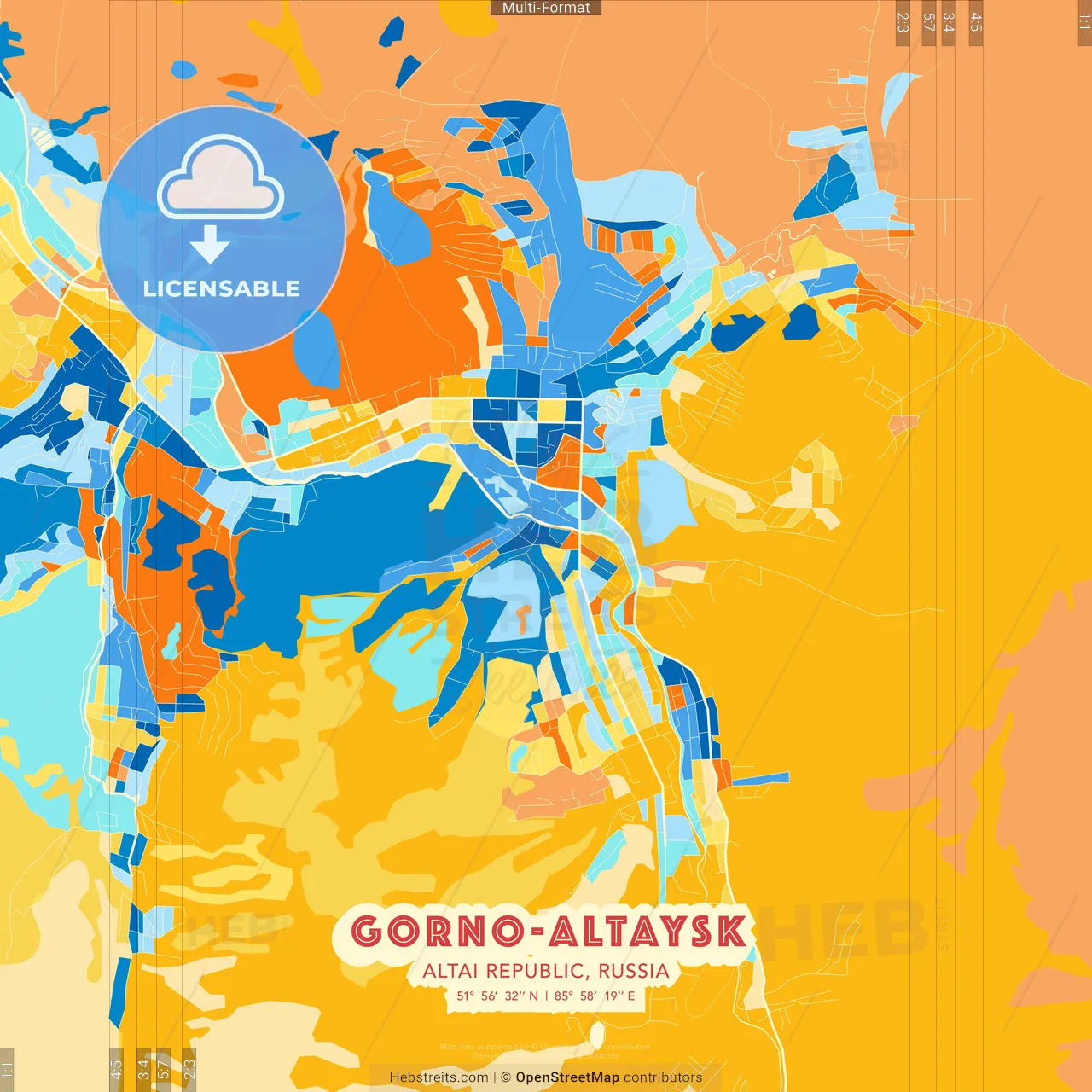 Gorno-Altaysk, Altai Republic, Russia blue and orange vector art map template