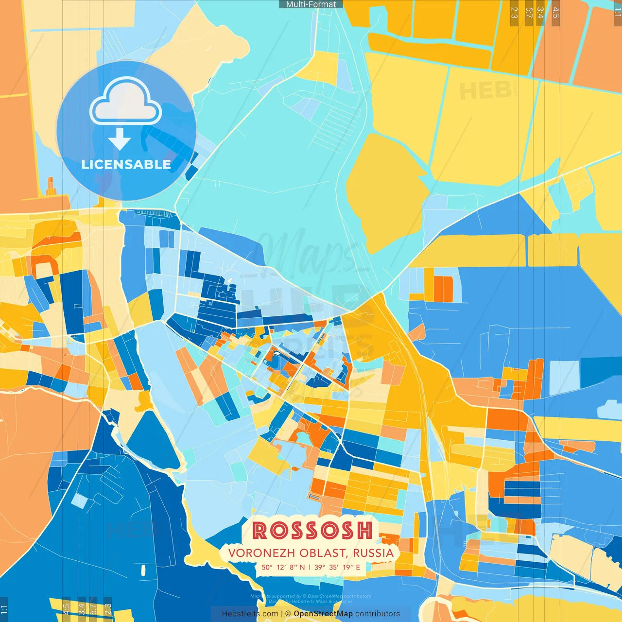 Rossosh, Voronezh Oblast, Russia blue and orange vector art map template