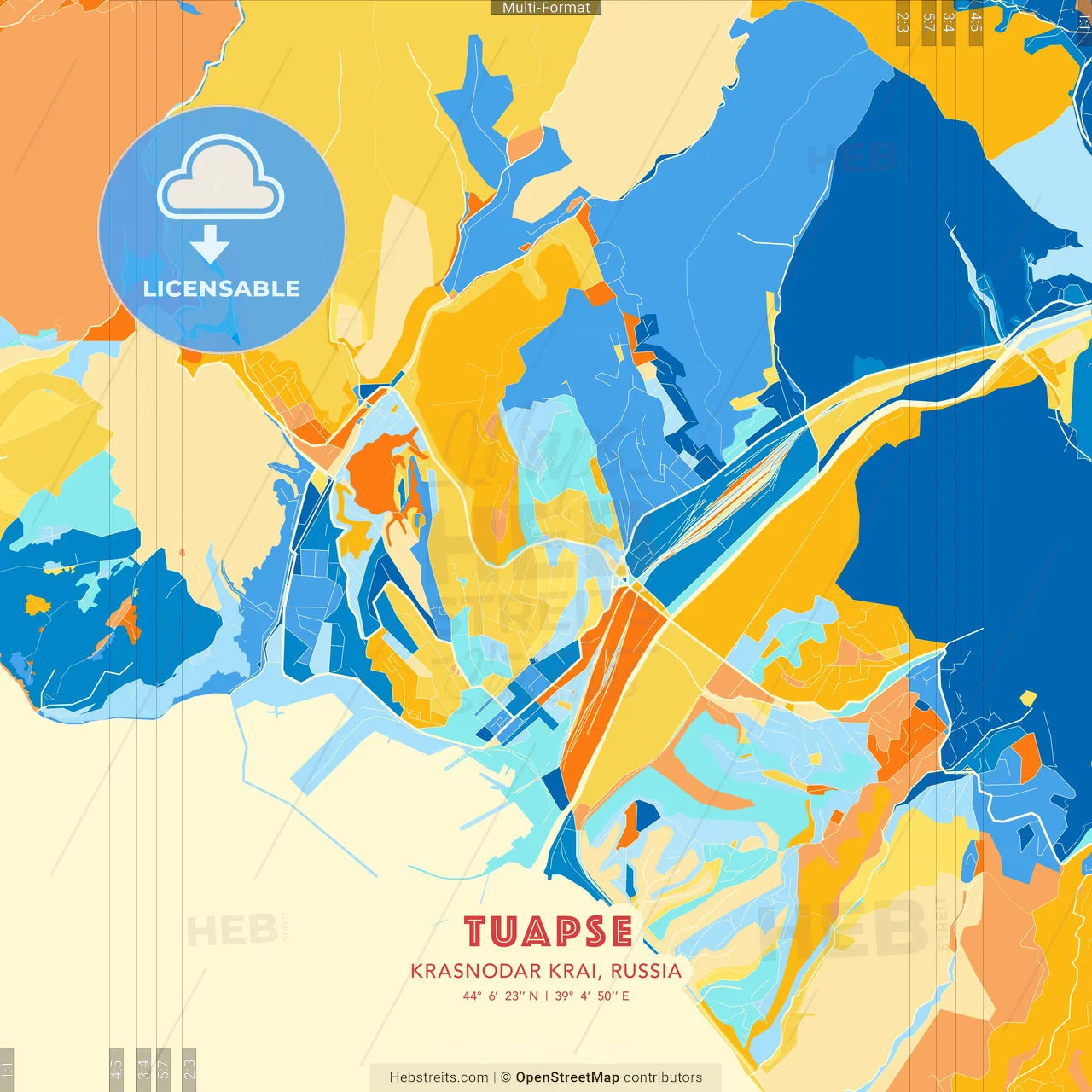 Tuapse, Krasnodar Krai, Russia blue and orange vector art map template