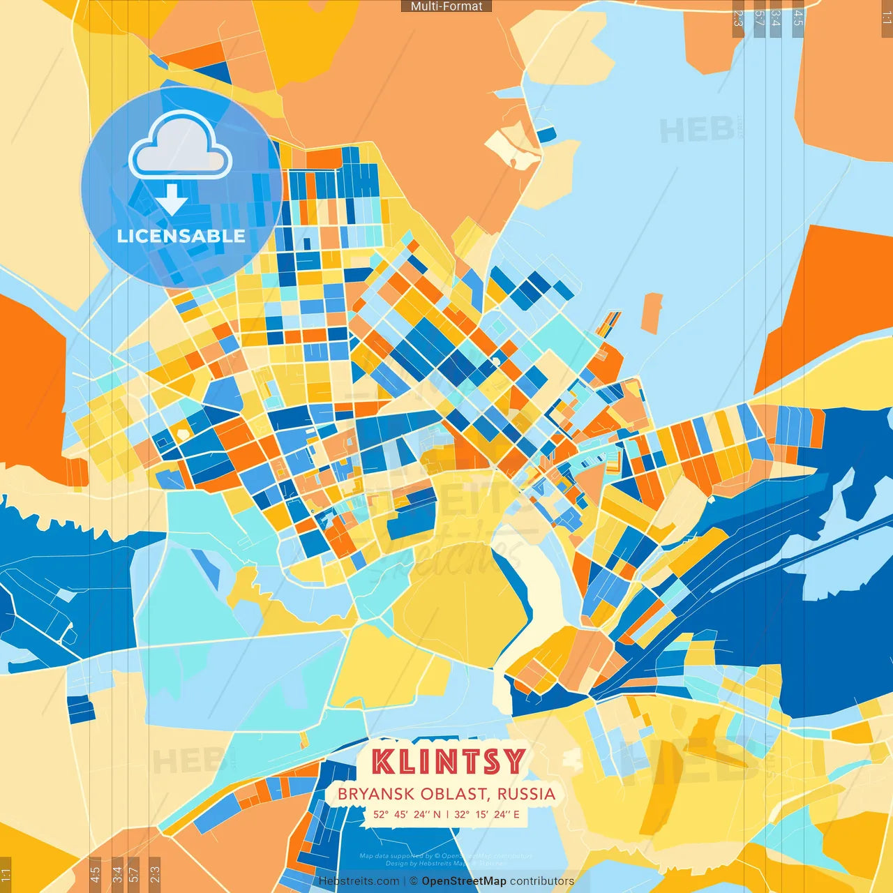 Klintsy, Bryansk Oblast, Russia blue and orange vector art map template