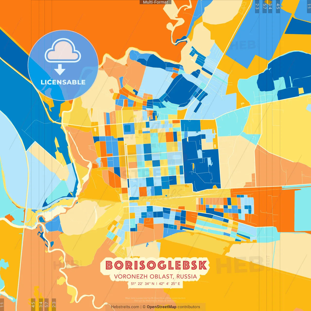 Borisoglebsk, Voronezh Oblast, Russia blue and orange vector art map template