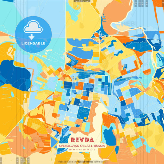 Revda, Sverdlovsk Oblast, Russia blue and orange vector art map template