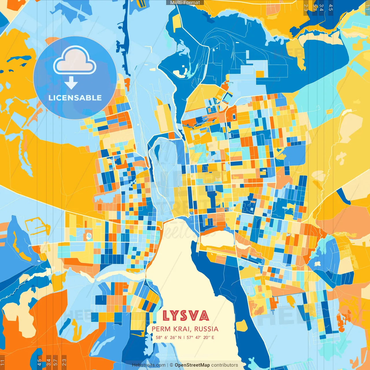 Lysva, Perm Krai, Russia blue and orange vector art map template