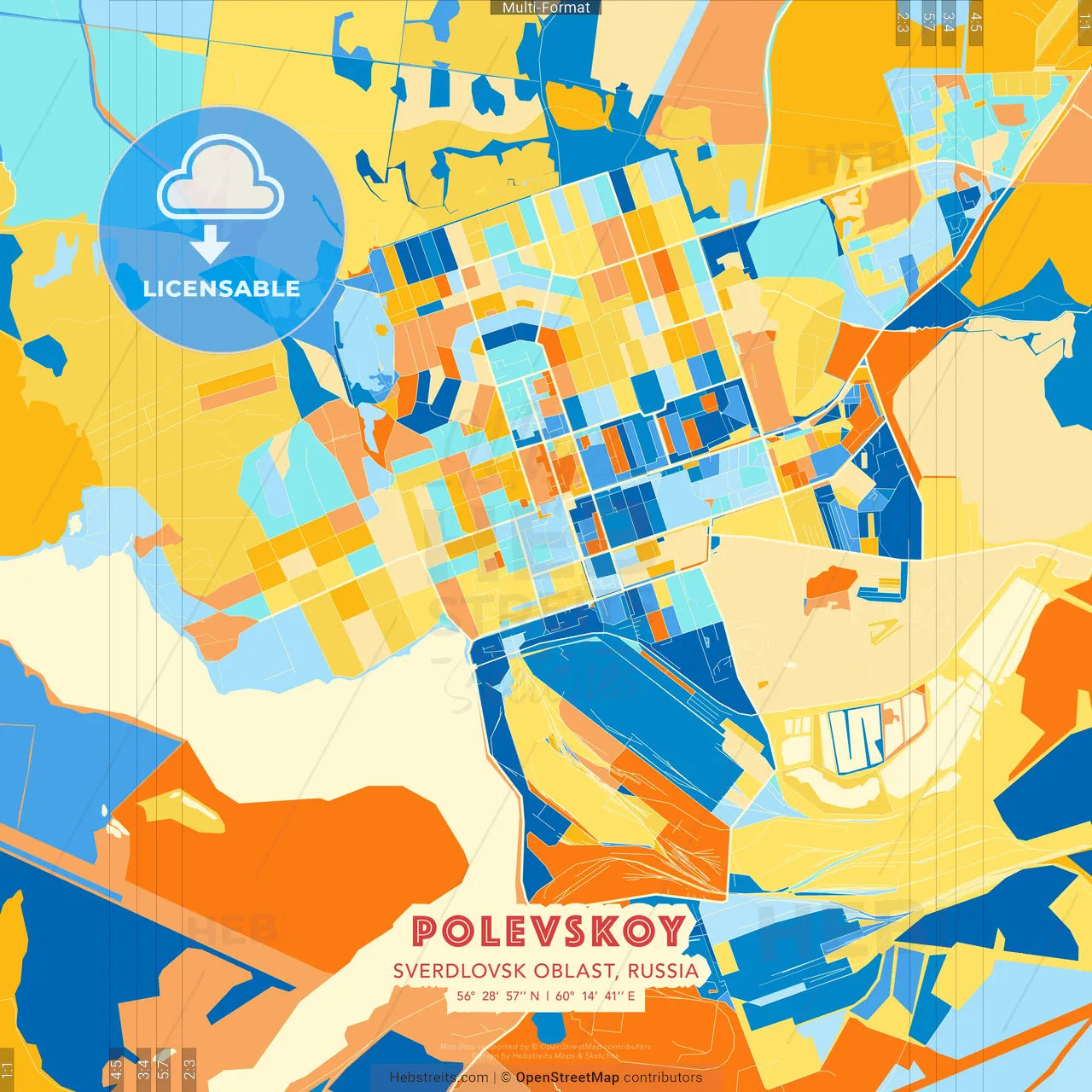 Polevskoy, Sverdlovsk Oblast, Russia blue and orange vector art map template
