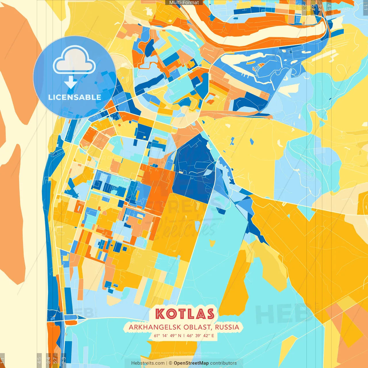 Kotlas, Arkhangelsk Oblast, Russia blue and orange vector art map template