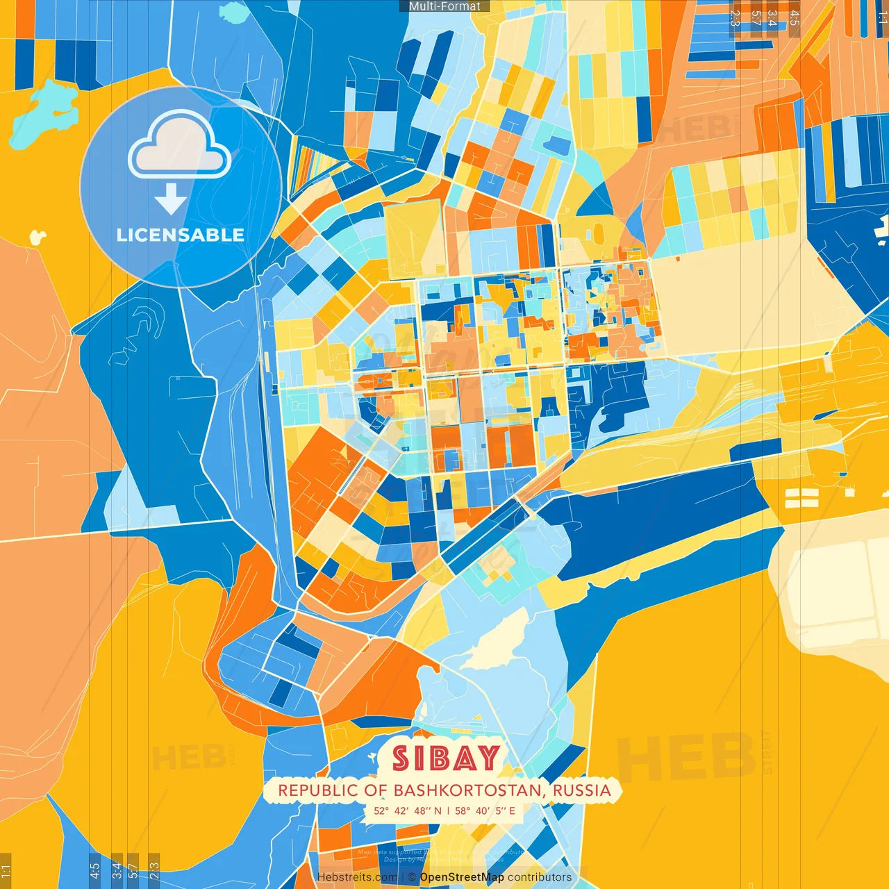 Sibay, Republic of Bashkortostan, Russia blue and orange vector art map template