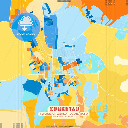 Kumertau, Republic of Bashkortostan, Russia blue and orange vector art map template