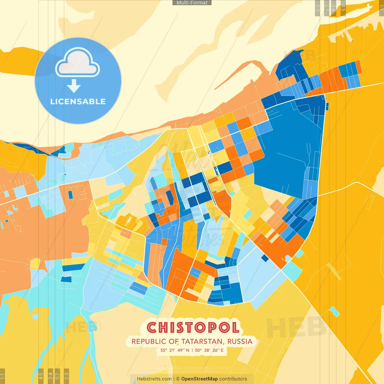 Chistopol, Republic of Tatarstan, Russia blue and orange vector art map template
