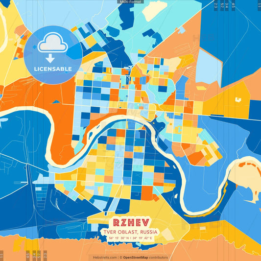 Rzhev, Tver Oblast, Russia blue and orange vector art map template