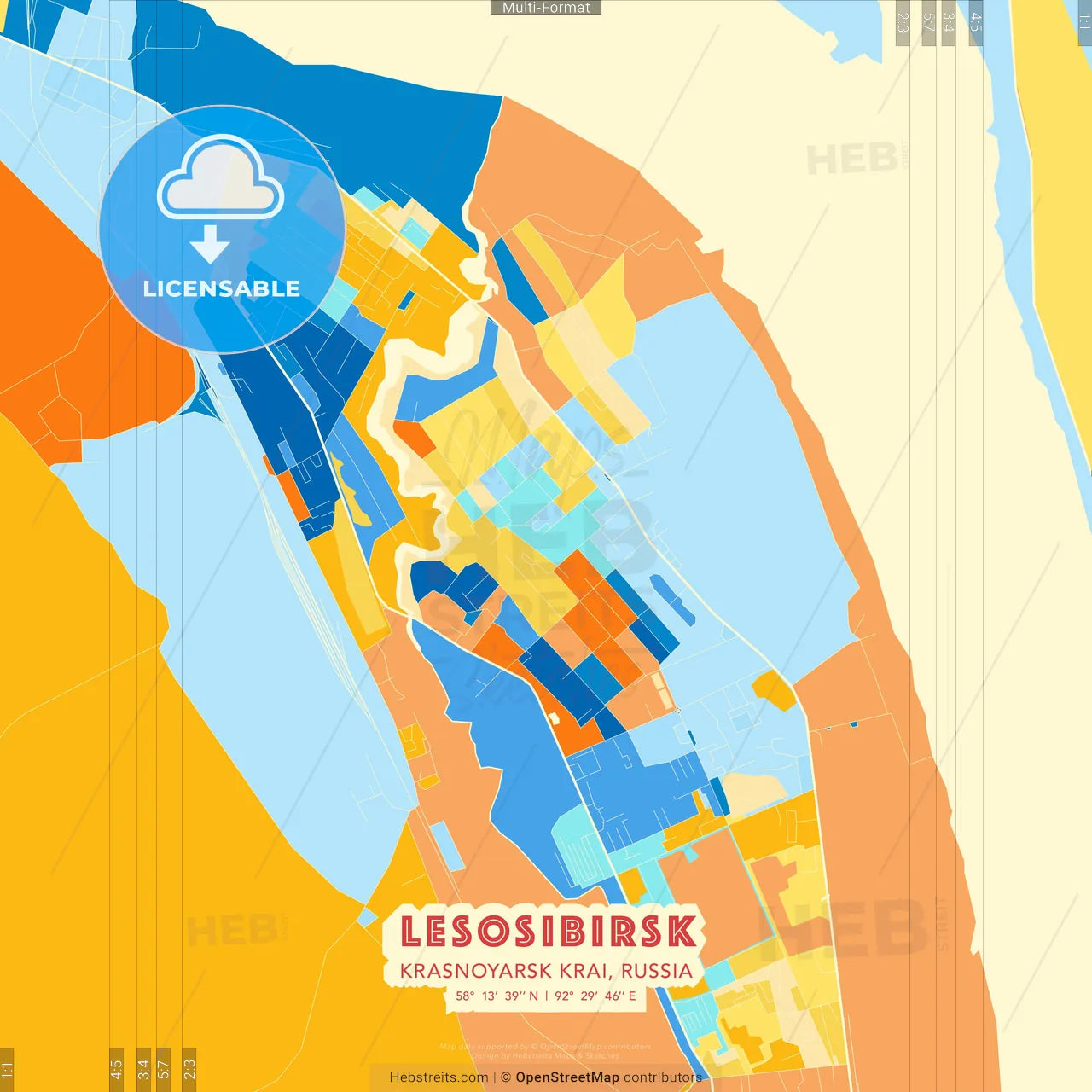 Lesosibirsk, Krasnoyarsk Krai, Russia blue and orange vector art map template