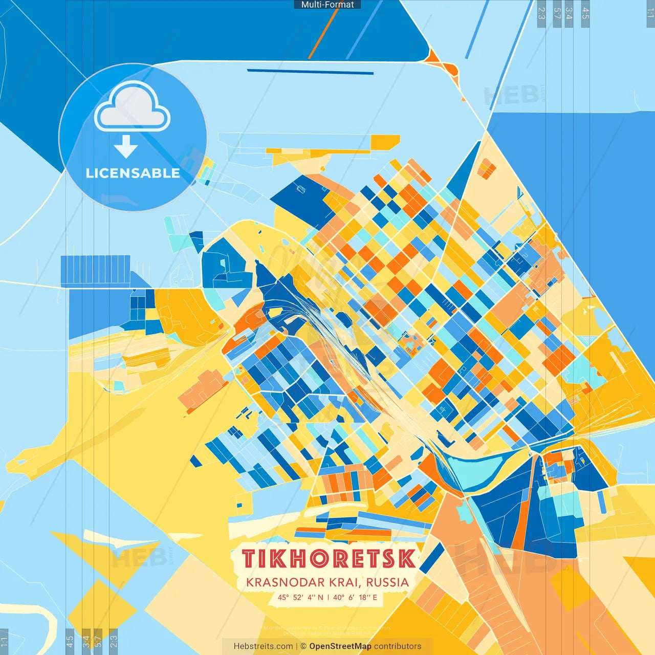 Tikhoretsk, Krasnodar Krai, Russia blue and orange vector art map template
