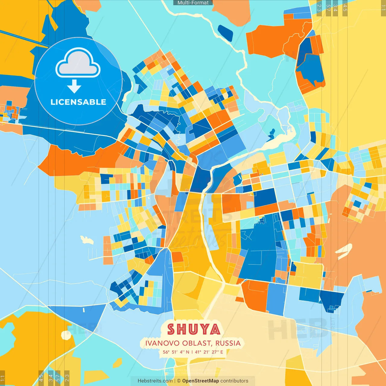 Shuya, Ivanovo Oblast, Russia blue and orange vector art map template