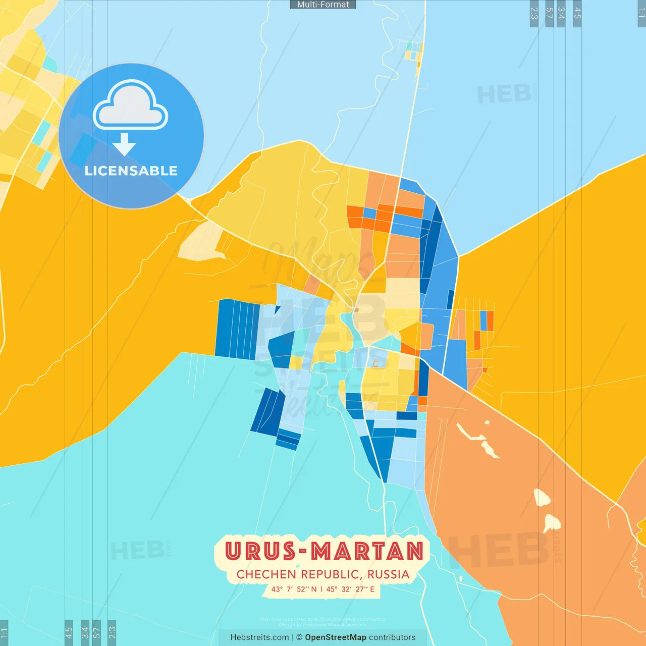 Urus-Martan, Chechen Republic, Russia blue and orange vector art map template