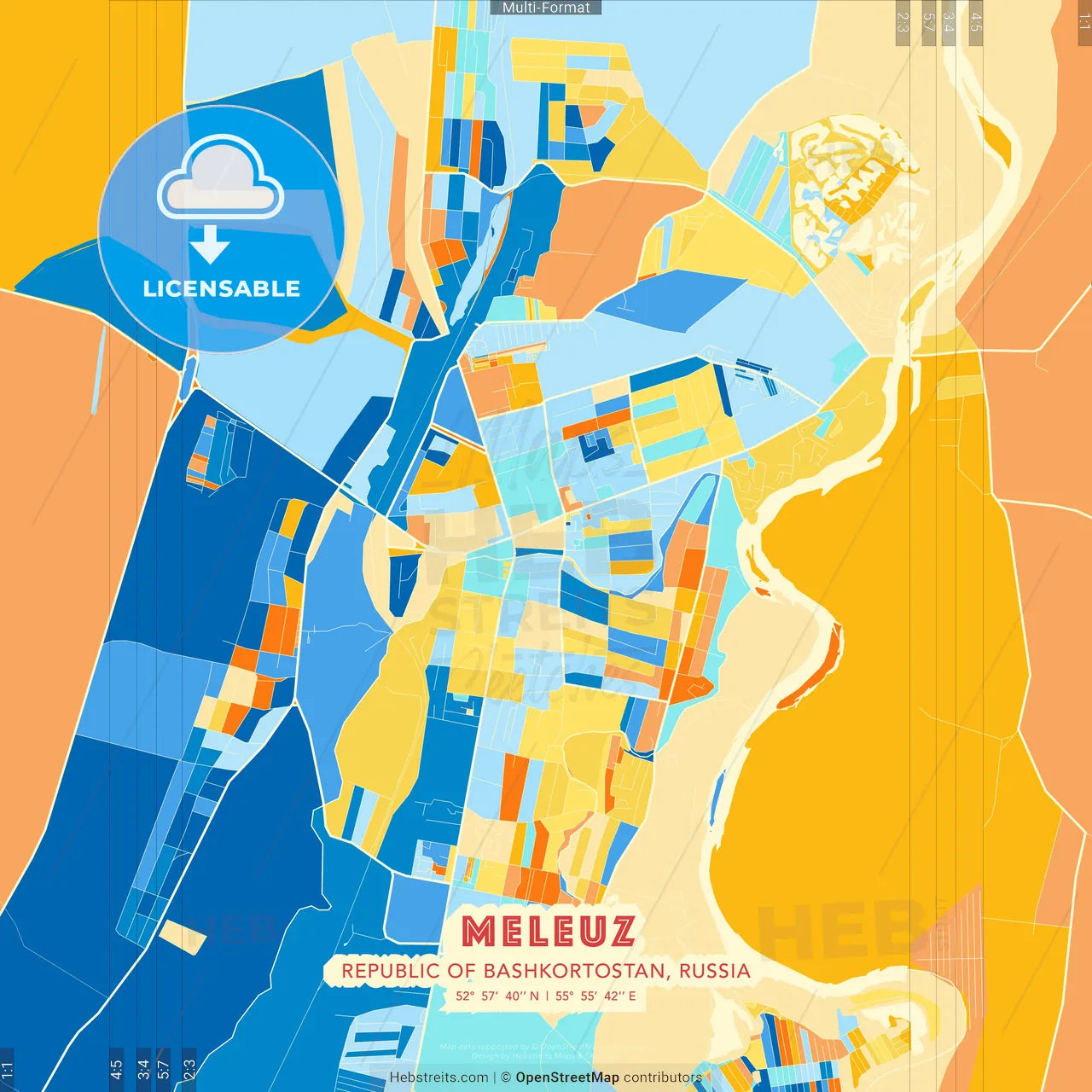 Meleuz, Republic of Bashkortostan, Russia blue and orange vector art map template