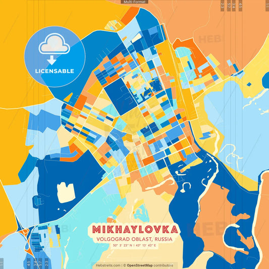Mikhaylovka, Volgograd Oblast, Russia blue and orange vector art map template