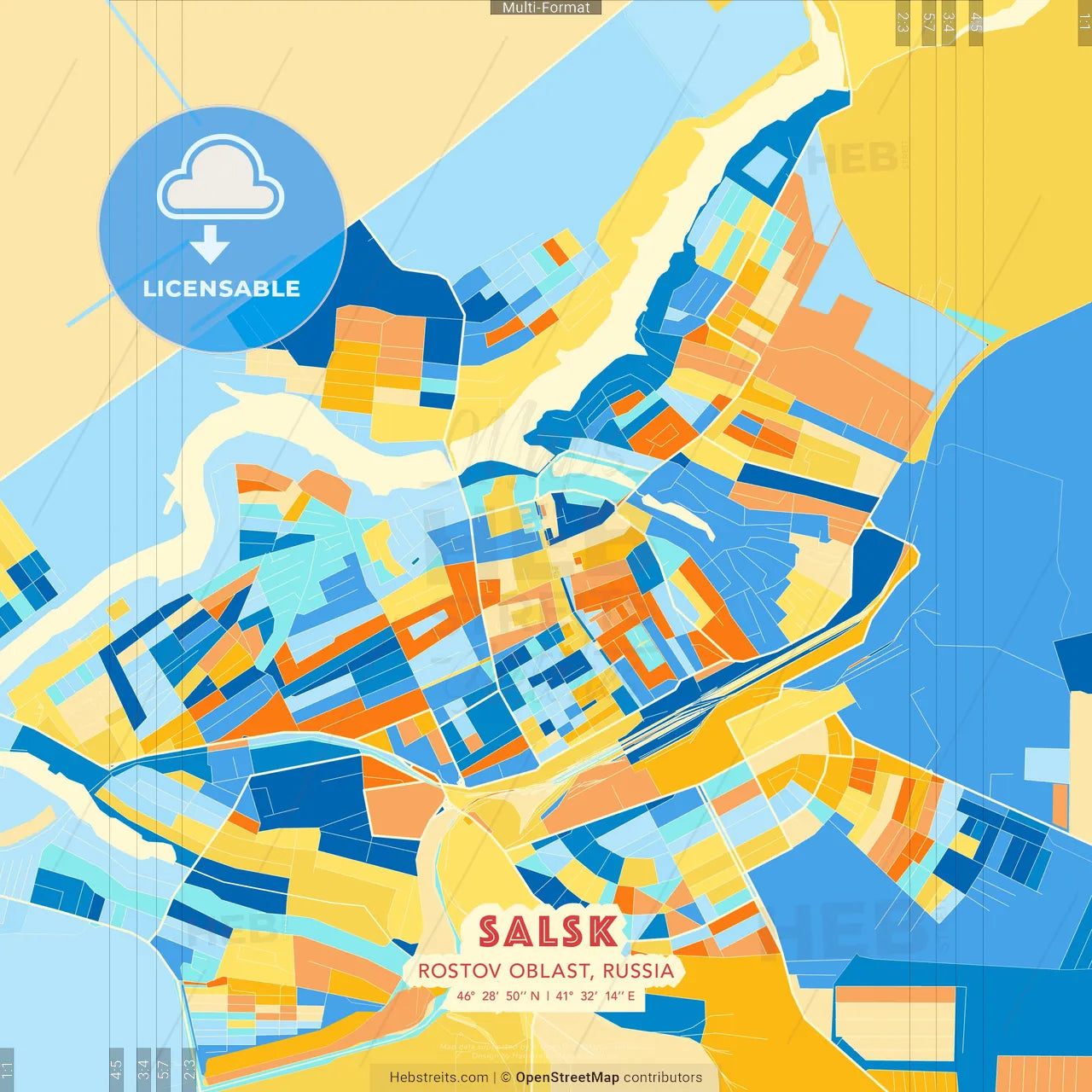 Salsk, Rostov Oblast, Russia blue and orange vector art map template