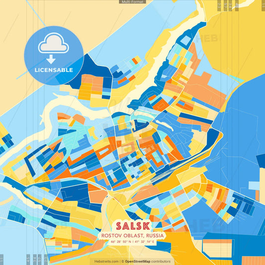 Salsk, Rostov Oblast, Russia blue and orange vector art map template