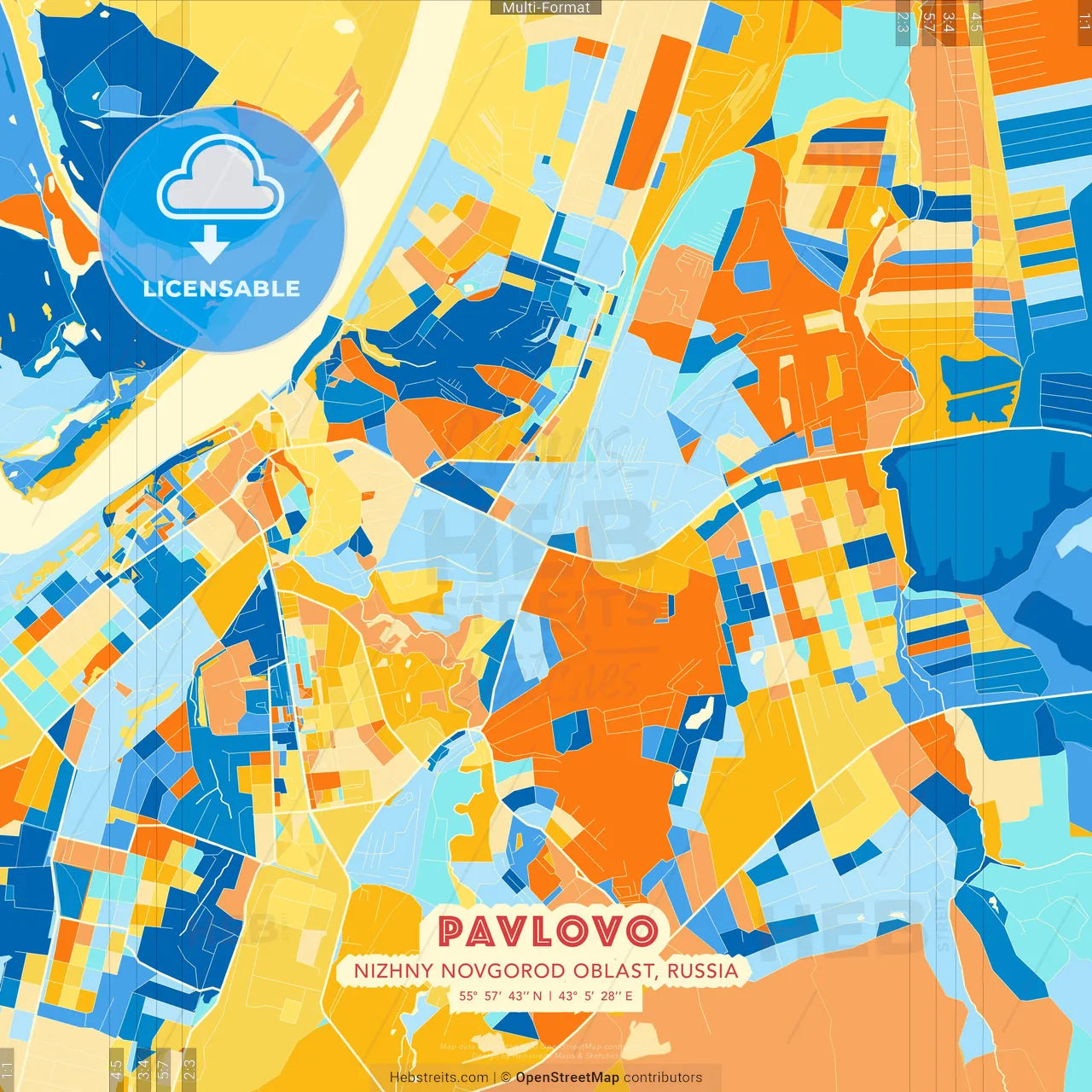 Pavlovo, Nizhny Novgorod Oblast, Russia blue and orange vector art map template