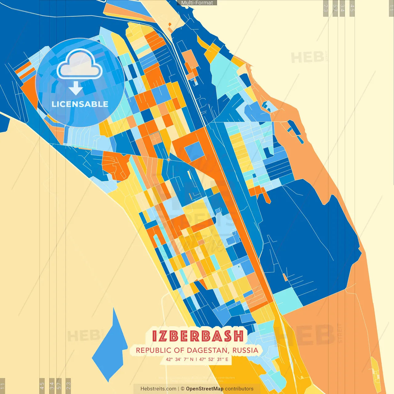 Izberbash, Republic of Dagestan, Russia blue and orange vector art map template